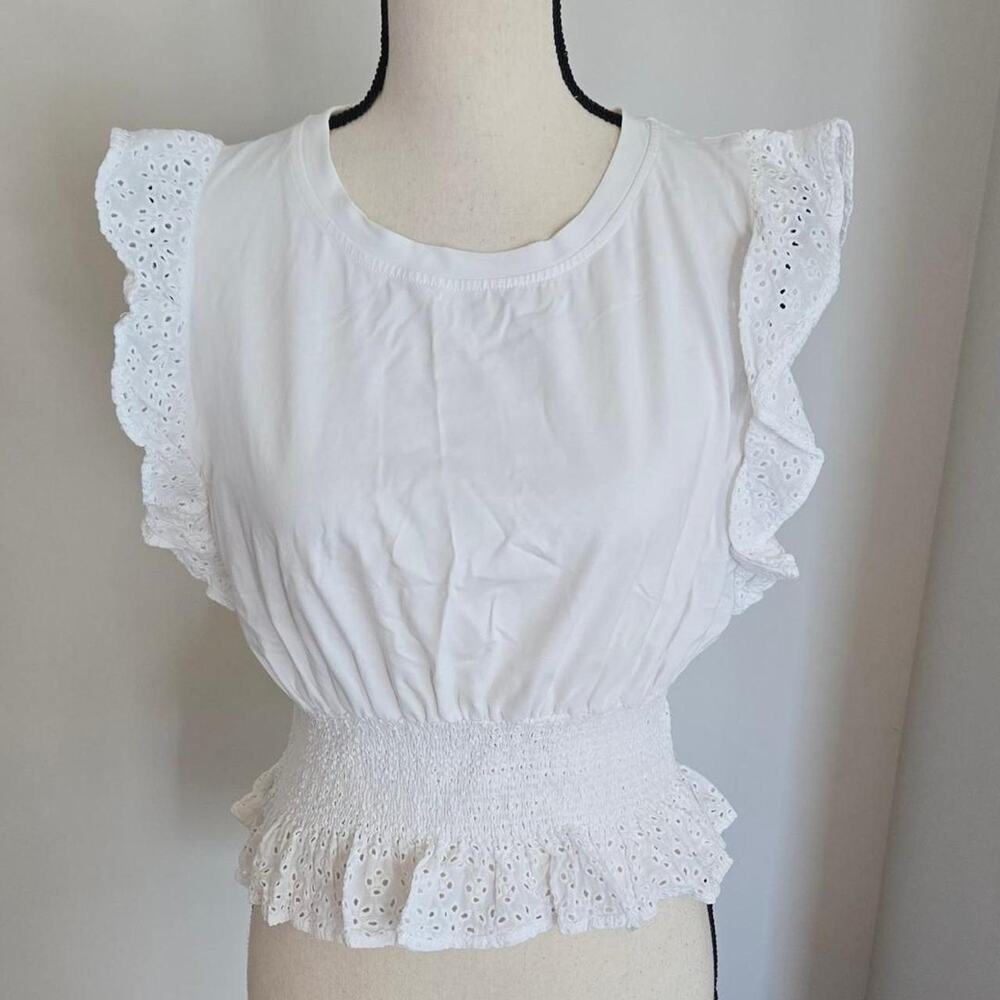 joie womens flutter sleeve peplum white eyelet top small